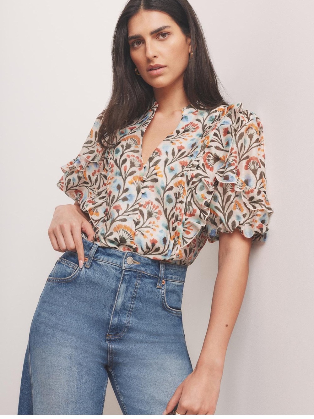 Mint Velvet Allover Floral Ruffle Blouse Linen Top Boho Cottagecore Peasant L
